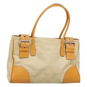 PRADA Hand Bag Canvas Beige Silver Auth 127392